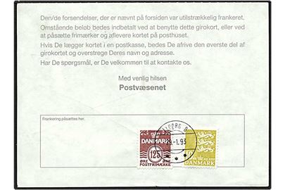 125 øre brunrød bølgelinie og 10 kr. gul rigsvåben på regning for manglende porto afstemplet Ålborg d. 29.1.1993. Ålborg IIh postsparestempel.
