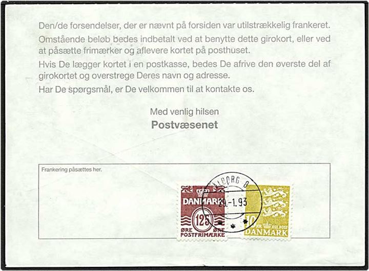 125 øre brunrød bølgelinie og 10 kr. gul rigsvåben på regning for manglende porto afstemplet Ålborg d. 29.1.1993. Ålborg IIh postsparestempel.