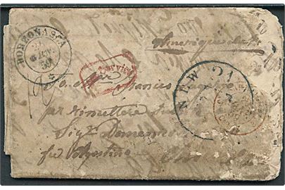 1859. Ufrankeret brev fra Borzonasca d. 26.1.1859 via Genova og fransk bureau og New York til USA. Meget utydelig adressering.