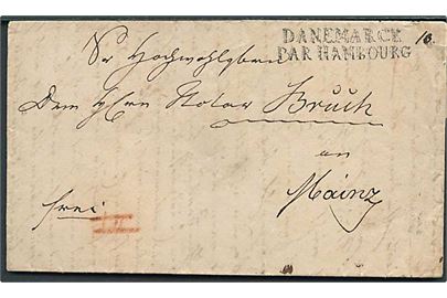 1838. Francobrev med håndskrevet bynavn Itzehoe stemplet T.T. Hamburg d. 15.11.1838 til Mainz. Stemplet DANEMARCK PAR HAMBOURG.