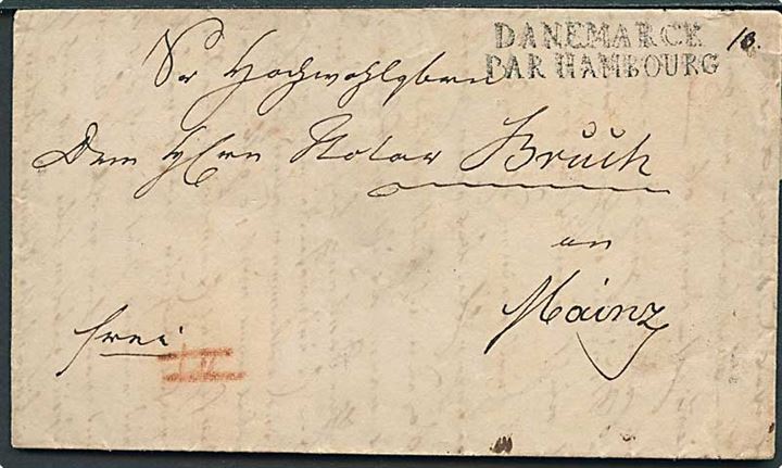 1838. Francobrev med håndskrevet bynavn Itzehoe stemplet T.T. Hamburg d. 15.11.1838 til Mainz. Stemplet DANEMARCK PAR HAMBOURG.