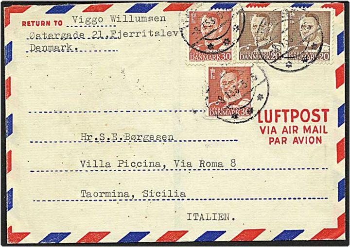 20 øre (par) og 30 øre (2 stk) Fr. IX på privatfremstillet ill. aerogram fra Fjerritslev d. 8.1.1953 til Taormina, Sicilia, Italien. På bagsiden kort over Danmark.
