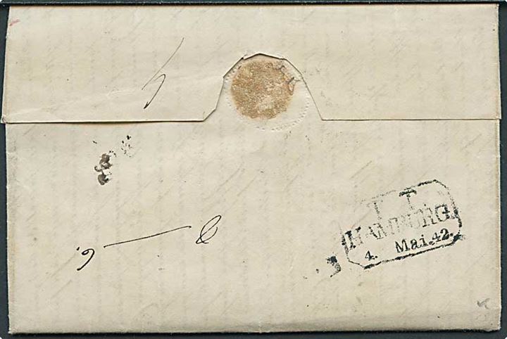 Portobrev fra Kiel d. 3.5.1842 via T.T. Hamburg d. 4.5.1842 til Marienfield. Stemplet DANEMARCK PAR HAMBOURG med mange påtegninger.