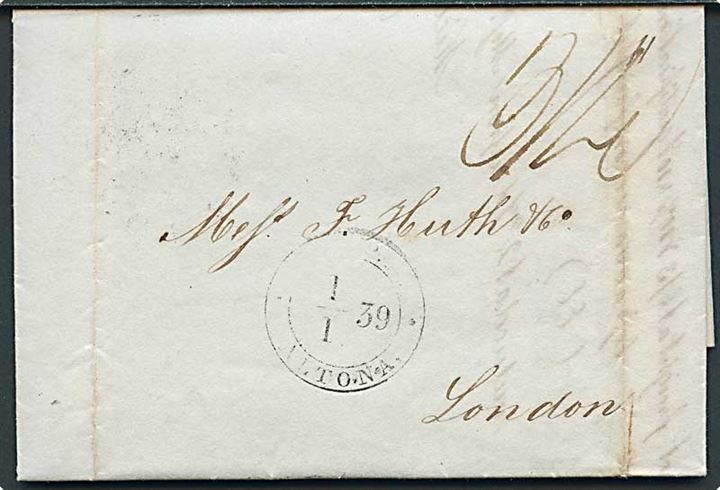 1839. Foldebrev med liniestempel Kiel d. 31.12.1838 via K.D.P.A. Altona d. 1.1.1839 til London, England.