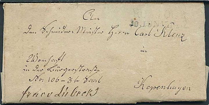 1834.Francobrev dateret Benkenhage stemplet Rostock d. 30.6.1834 til København, Danmark. Påskrevet: Franco Lübeck. 