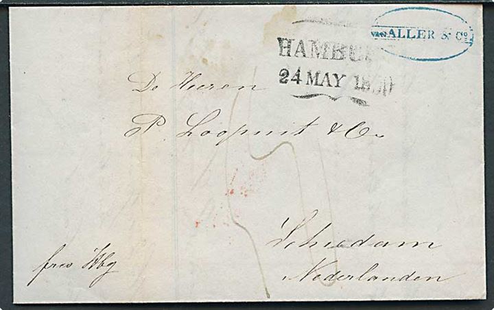 1850. Francobrev fra Helsingør d. 20.5.1850 via Hamburg d. 24.5.1850 til Schiedam, Holland. 