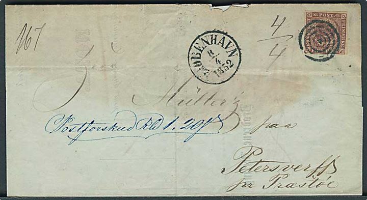 4 R.B.S. Thiele I på brev med postforskud annulleret med stumt stempel og sidestemplet Kjøbenhavn d. 8.4.1852 til Petersværft pr. Præstø. Noget skrøbelig.