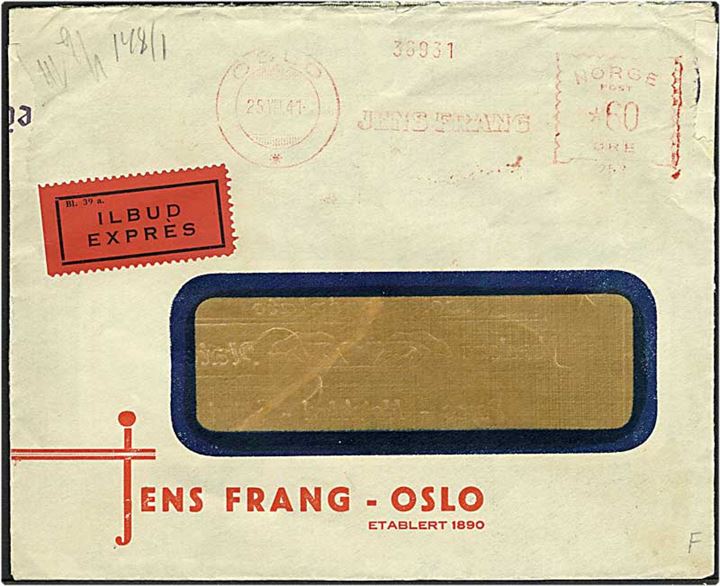60 øre firmafranko på illustreret ekspres-forretnings-rudekuvert fra Oslo d. 25.8.1941. Åbnet af den tyske censur i Oslo. 
