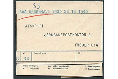 Tjeneste-telegram fra Telegrafstation Fredericia d. 18.11.1958 til Jernbanepostkontor 2 i Fredericia vedr. modtagelse af Julepakker til Canada via Vesttyskland.