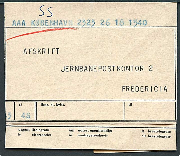 Tjeneste-telegram fra Telegrafstation Fredericia d. 18.11.1958 til Jernbanepostkontor 2 i Fredericia vedr. modtagelse af Julepakker til Canada via Vesttyskland.