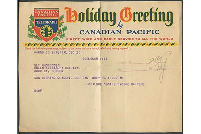 Illustreret Canadian Pacific Holiday Greeting telegramformular med Julehilsen fra Skelskør d. 25.12.1931 til London, Ontario, Canada. Medfølger telegramkuvert med afrevet frimærke.