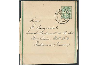 5 øre Våben helsagskorsbånd sendt som tryksag fra Kjøbenhavn d. 4.1.189x til Rathenow, Preussen.
