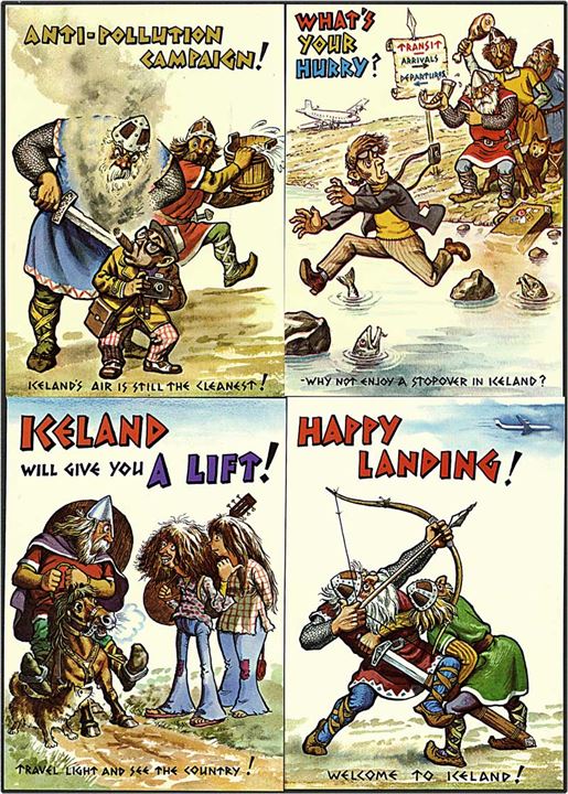 13 islandske postkort med vikinger og turister. H. Pétursson no. 2947 - 2959.