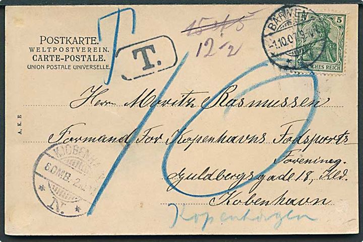 5 pfg. Germania på underfrankeret brevkort fra Barmen d. 1.10.1907 til Kjøbenhavn, Danmark. Udtakseret i 10 øre porto.