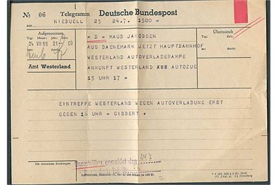 Telegram fra Westerland d. 24.7.1955 til Kampen, Sylt. Meddelelse fra Niebüll vedr. dansk køretøj på autotog.
