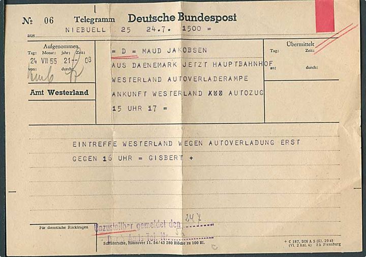 Telegram fra Westerland d. 24.7.1955 til Kampen, Sylt. Meddelelse fra Niebüll vedr. dansk køretøj på autotog.