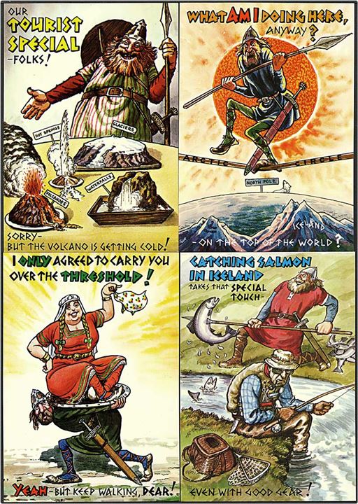 13 islandske postkort med vikinger og turister. H. Pétursson no. 2947 - 2959.