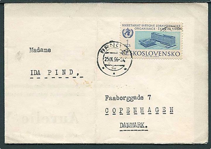 1 kcs FN-bygning på foldet sørgebrev fra Brno d. 25.9.1966 til København, Danmark.