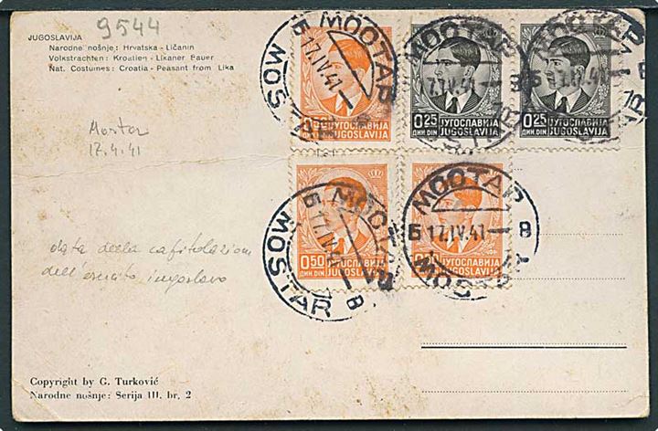 0,25 din. (2) og 0,50 din. (3) Kong Peter på uadresseret brevkort annulleret med 2-sproget stempel i Mostar d. 17.4.1941. Kongeriget Jugoslavien blev invaderet d. 6.4.1941 og kapitulerede 11 dage senere d. 17.4.1941. Fold.