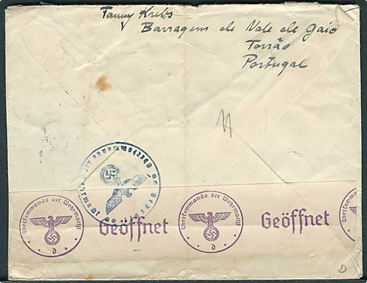 1$75 single på brev fra Torrao d. 5.4.1940 til Broager, Danmark. Åbnet af tysk censur.