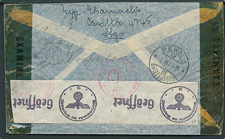 1,38 p. blandingsfrankeret anbefalet luftpostbrev fra Santiago 1944 til Bern, Schweiz. Åbnet af både amerikansk og tysk censur.