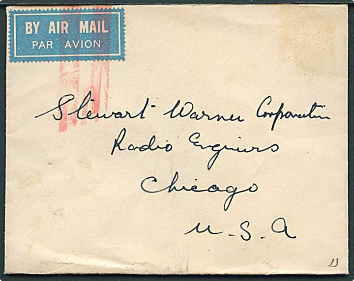 9 pies (2) og 4 annas (2) George V på bagsiden af luftpostbrev fra Calcutta d. 5.10.1936 til Chicago, USA. 