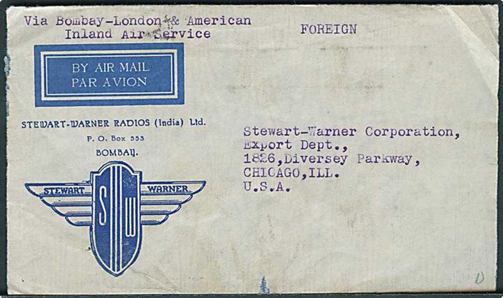½ Anna, 1 Anna (12) George V og 1 Anna George VI på bagsiden af luftpostbrev fra Bombay d. 12.9.1937 til Chicago, USA. Påskrevet: Via Bombay-London & American Inland Air Service.