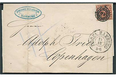 4 sk. 1858 udg. på brev annulleret med nr.stempel 2 og sidestemplet antiqua K.D.O.P.A. Hamburg d. 18.12.1861 til Kjøbenhavn.