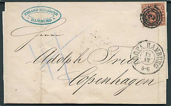 4 sk. 1858 udg. på brev annulleret med nr.stempel 2 og sidestemplet antiqua K.D.O.P.A. Hamburg d. 18.12.1861 til Kjøbenhavn.