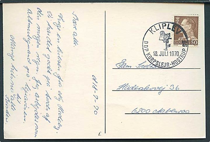 50 øre Fr. IX på spejder-brevkort annulleret med særstempel Kliplev DDP Korpslejr - Hostrup Sø. d. 18.7.1970 til Aabenraa.