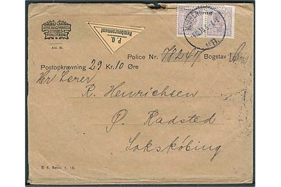 15 øre Chr. X i parstykke med perfin A.U. på firmakuvert fra Arbejdsgivernes Ulykkesforsikring sendt med opkrævning fra Kjøbenhavn d. 4.12.1916 til Sakskøbing.