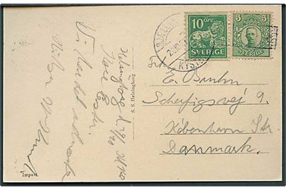 5 öre Gustaf og 10 öre Løve på brevkort fra Helsingborg annulleret med skibsstempel Fra Sverige og sidestemplet Sjællandske Kystbane d. 20.10.1921 til København.
