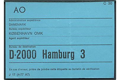 Blå brevbundt vignet J 17 (4-77 A7) fra København OMK til Hamburg. 