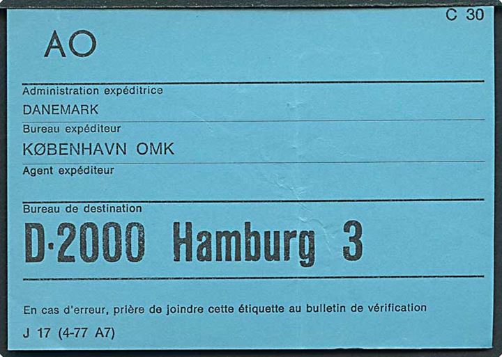 Blå brevbundt vignet J 17 (4-77 A7) fra København OMK til Hamburg. 