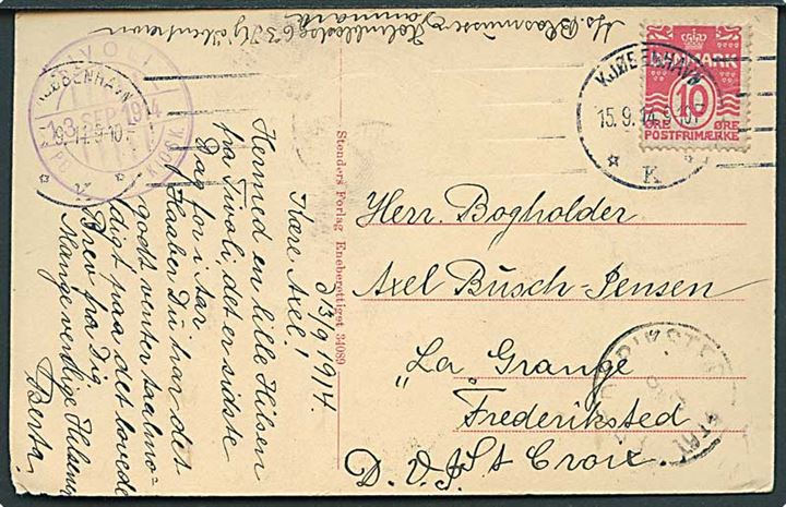10 øre Bølgelinie på brevkort fra Kjøbenhavn d. 15.9.1914 til Frederiksted på St. Croix, Dansk Vestindien.
