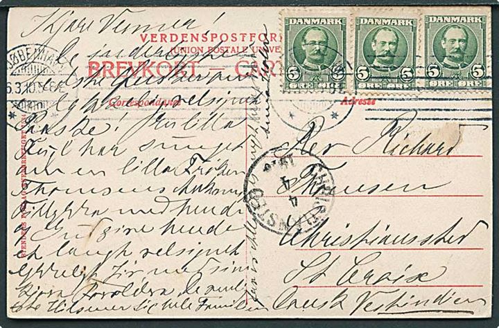 5 øre Fr. VIII (3) på brevkort fra Kjøbenhavn d. 16.3.1910 til Christiansted på St. Croix, Dansk Vestindien.