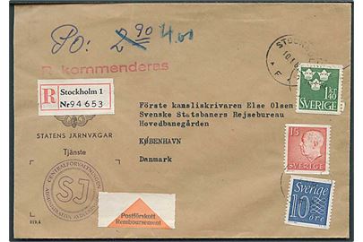 1,65 kr. blandingsfrankeret anbefalet brev med opkrævning fra Stockholm d. 10.1.1964 til København, Danmark.