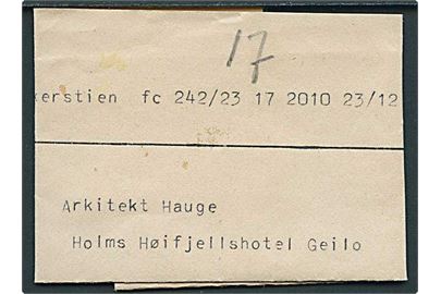 Telegrafverket Telegramformular til gæst på Holms Høifjellshotel i Geilo. Julehilsen fra Snekkersten i Danmark dateret d. 24.12.1953.