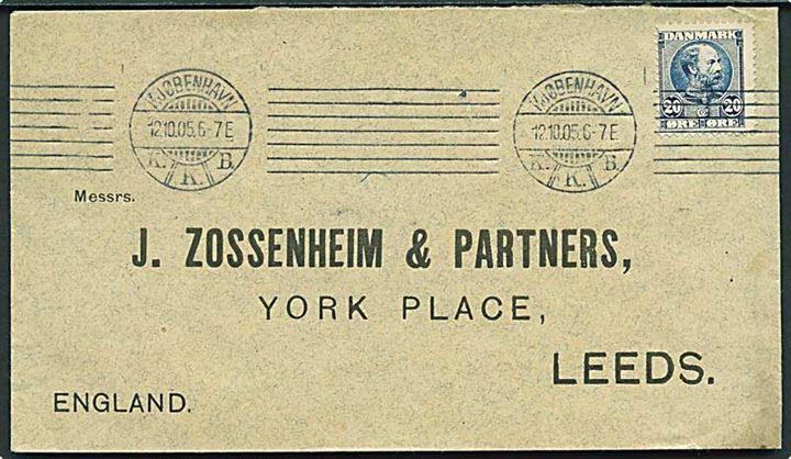 20 øre Chr. IX single på brev fra Kjøbenhavn d. 12.10.1905 til Leeds, England.