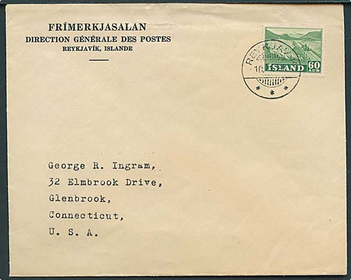 60 aur Erhverv single på brev fra Reykjavik d. 10.11.1951 til Glenbrook, USA.