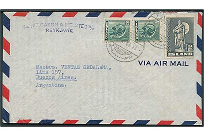 50 aur Torsk (2) og 2 kr. Karsefni på luftpostbrev fra Reykjavik d. 31.10.1946 til Buenos Aires, Argentina.