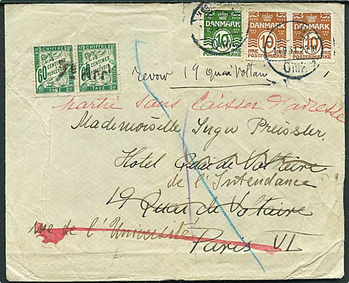 10 øre grøn og 10 øre brun (2) Bølgelinie på underfrankeret brev fra København d. 11.9.1931 til Paris, Frankrig. Påsat fransk 60 c. Portomærke i parstykke