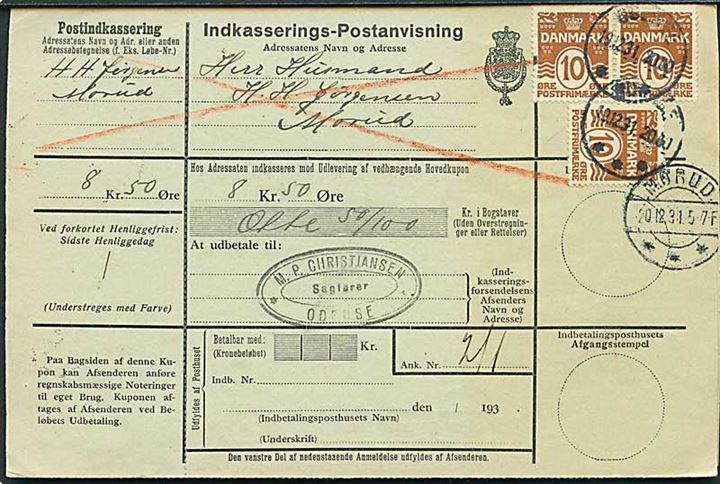 10 øre rødbrun Bølgelinie (3) på retur Indkasserings-Postanvisning fra Odense d. 19.12.1931 til Morud.