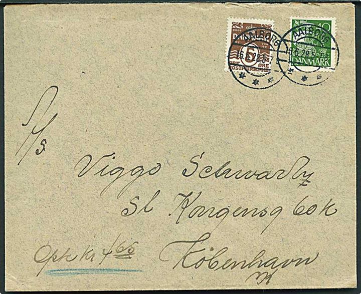5 øre Bølgelinie og 40 øre Karavel på brev med postopkrævning fra Aalborg d. 16.6.1928 til København.