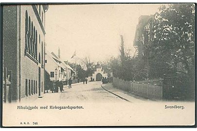 Parti fra Nikolajgade med Kirkegaardsporten i Svendborg. H.H.O. no. 748.