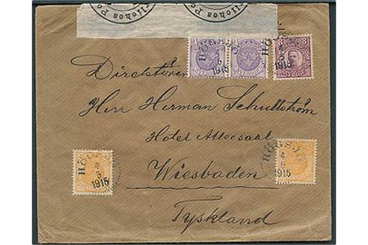 2 öre (2), 4 öre (2) Cifer og 8 öre Gustaf på brev fra Högsjö d. 4.5.1915 til Wiesbaden, Tyskland. Åbnet af tysk censur i Hamburg.