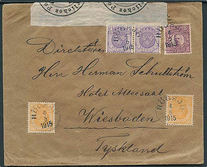2 öre (2), 4 öre (2) Cifer og 8 öre Gustaf på brev fra Högsjö d. 4.5.1915 til Wiesbaden, Tyskland. Åbnet af tysk censur i Hamburg.