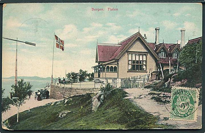 5 öre Posthorn på billedside af brevkort (Bergen Føien) sendt som tryksag og annulleret Feltpostkontoret * Ulven * d. 13.2.1915 til Freeport, USA.