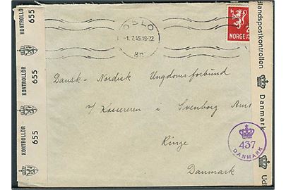 20 øre Løve på brev fra Oslo d. 1.7.1945 til Ringe, Danmark. Dobbelt censureret af norsk efterkrigscensur no. 655 og dansk efterkrigscensur (krone)/437/Danmark.