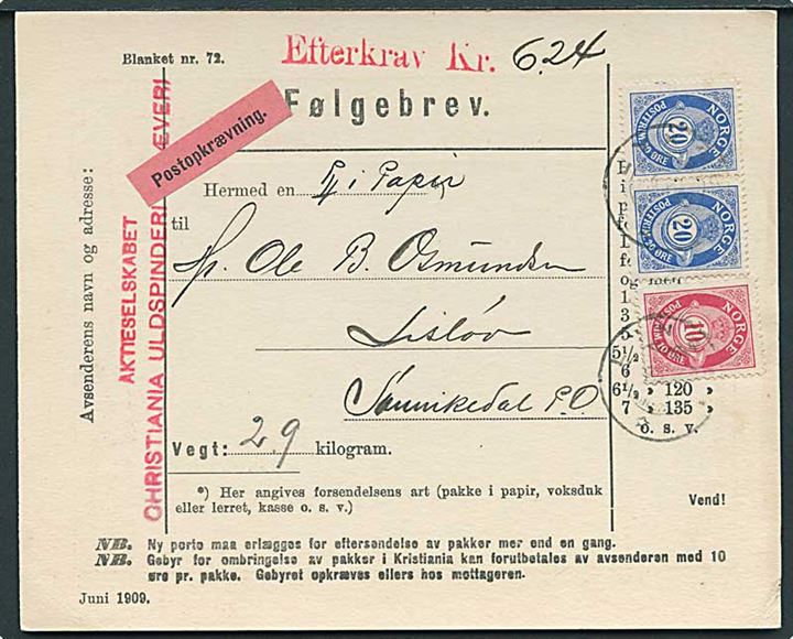 10 øre og 20 øre (par) Posthorn på adressebrev for pakke med opkrævning fra Lynge 1910 til Lislöv.